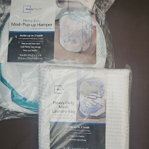 Mainstays Mesh Pop-up Hamper and Laundry Bag Set - White and Blue